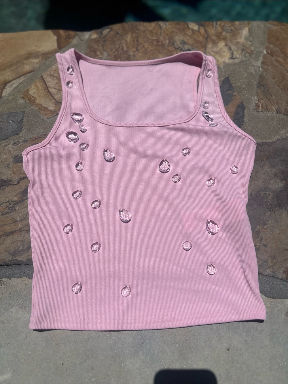 Women's Pink Ribbed Tank Top with Rhinestone Drops